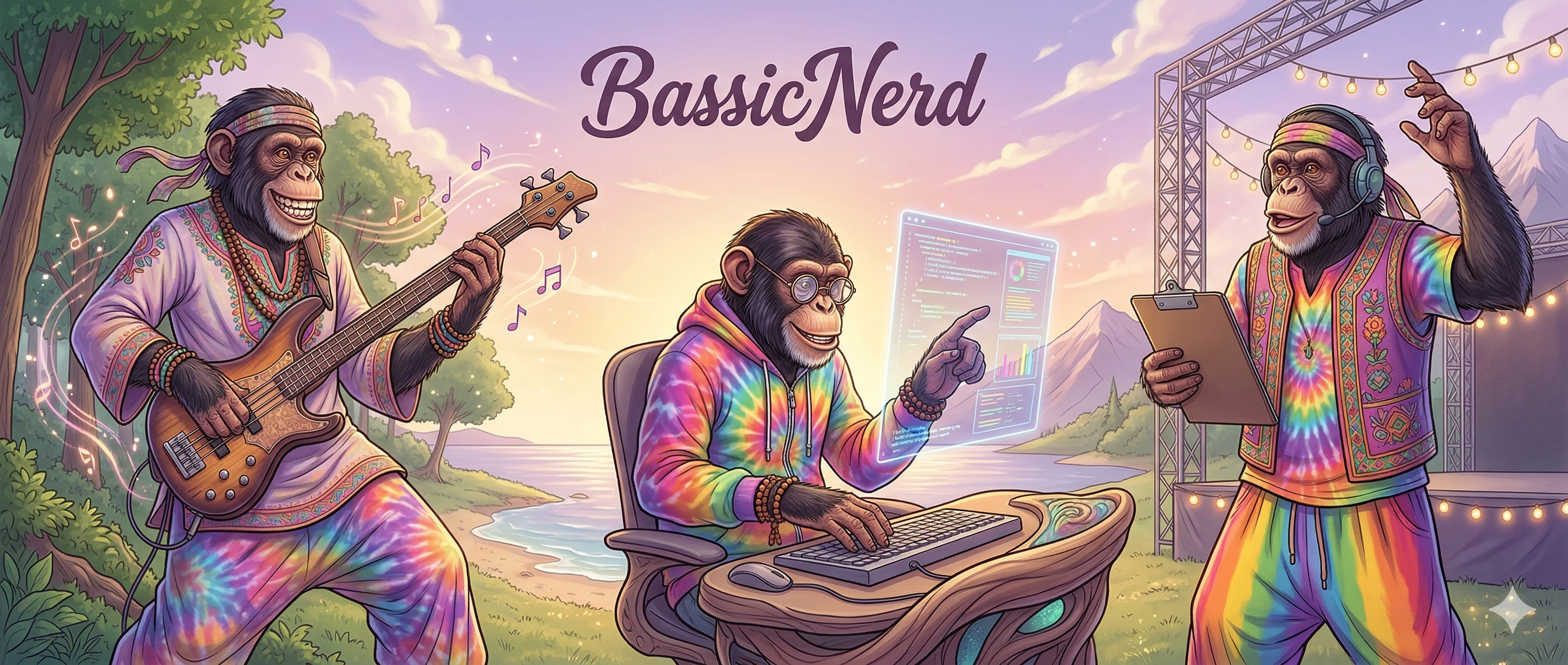 Three chimpanzees representing Musical Performance, Technical Consulting, and Production