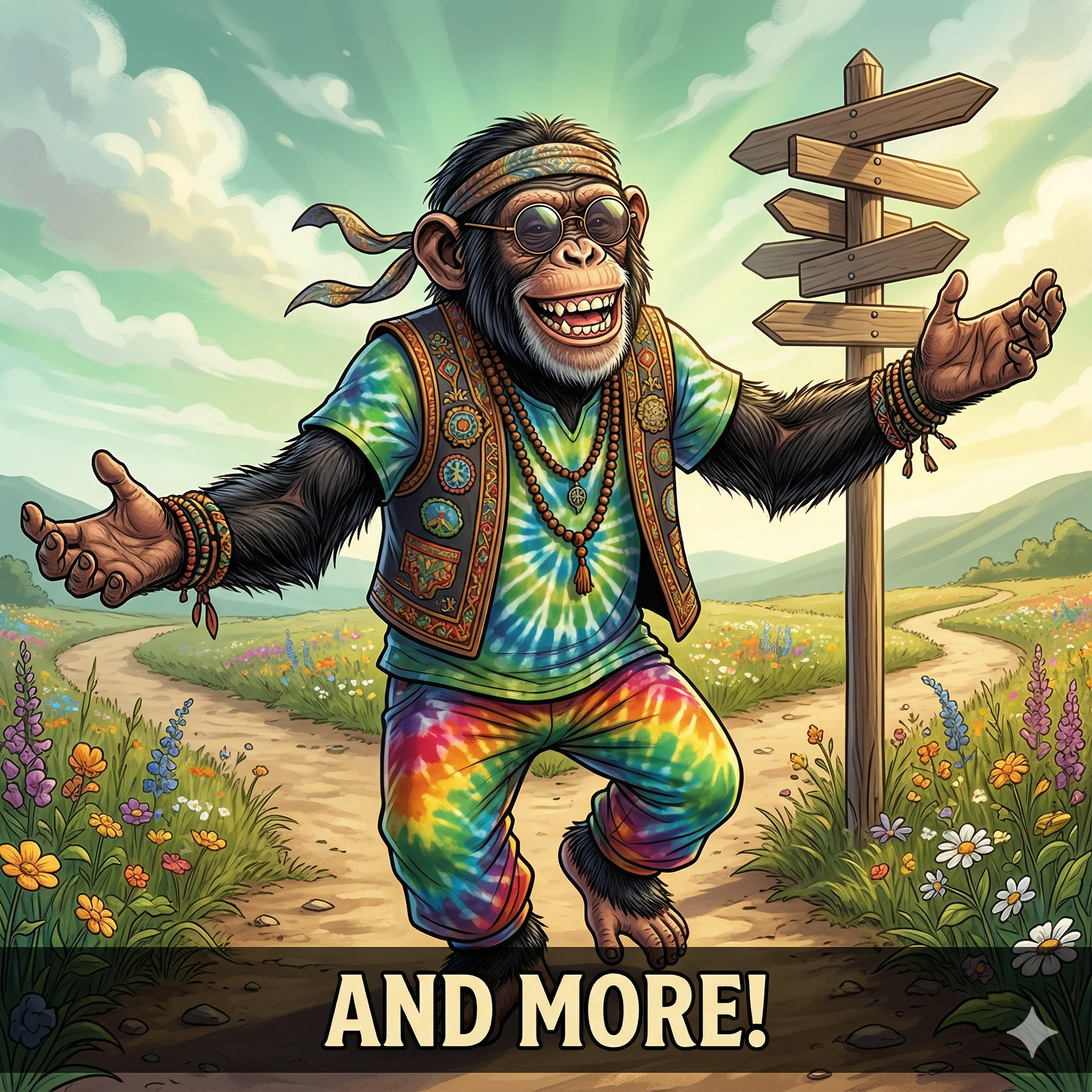 Chimpanzee at crossroads signpost in wildflower meadow