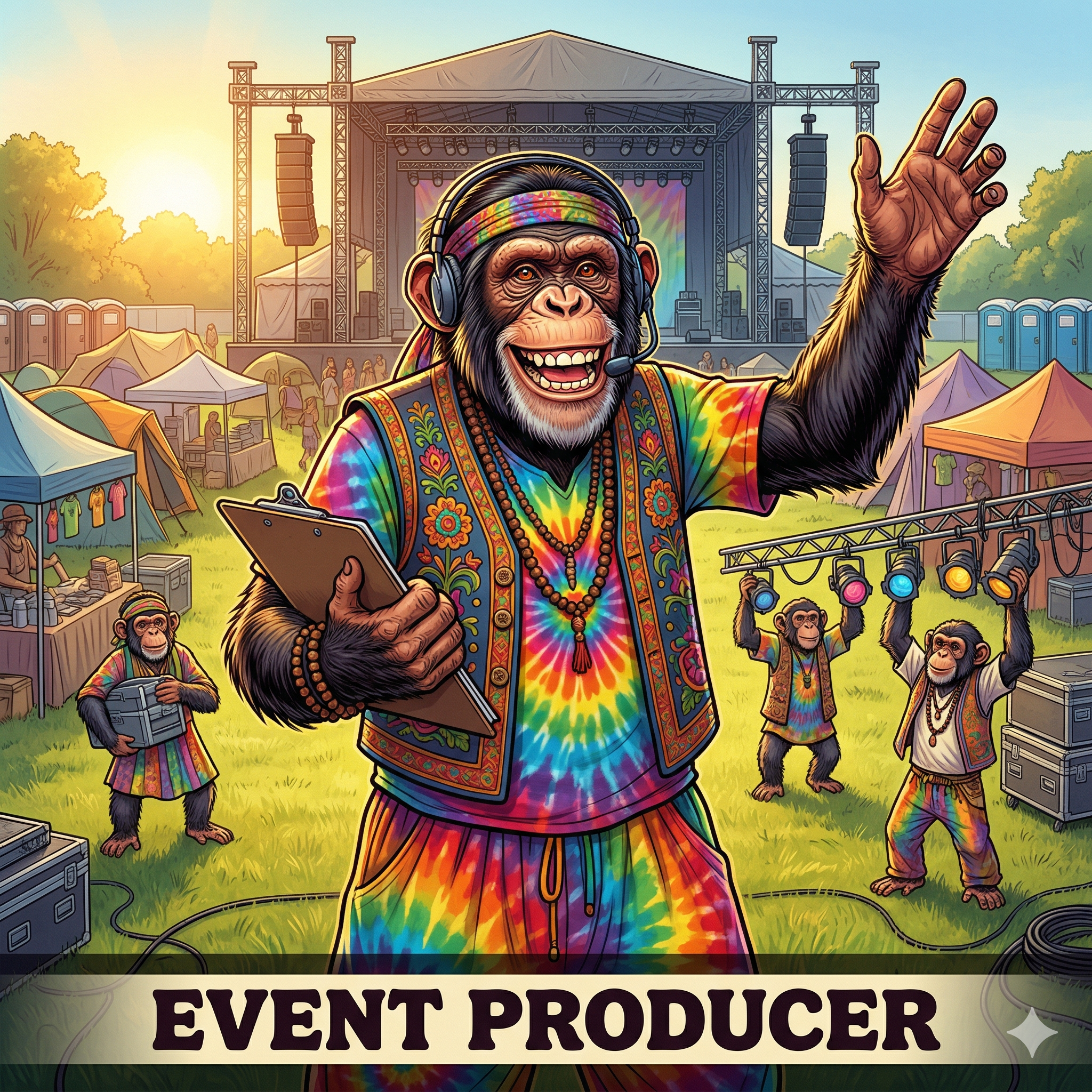 Chimpanzee directing festival setup on outdoor grounds