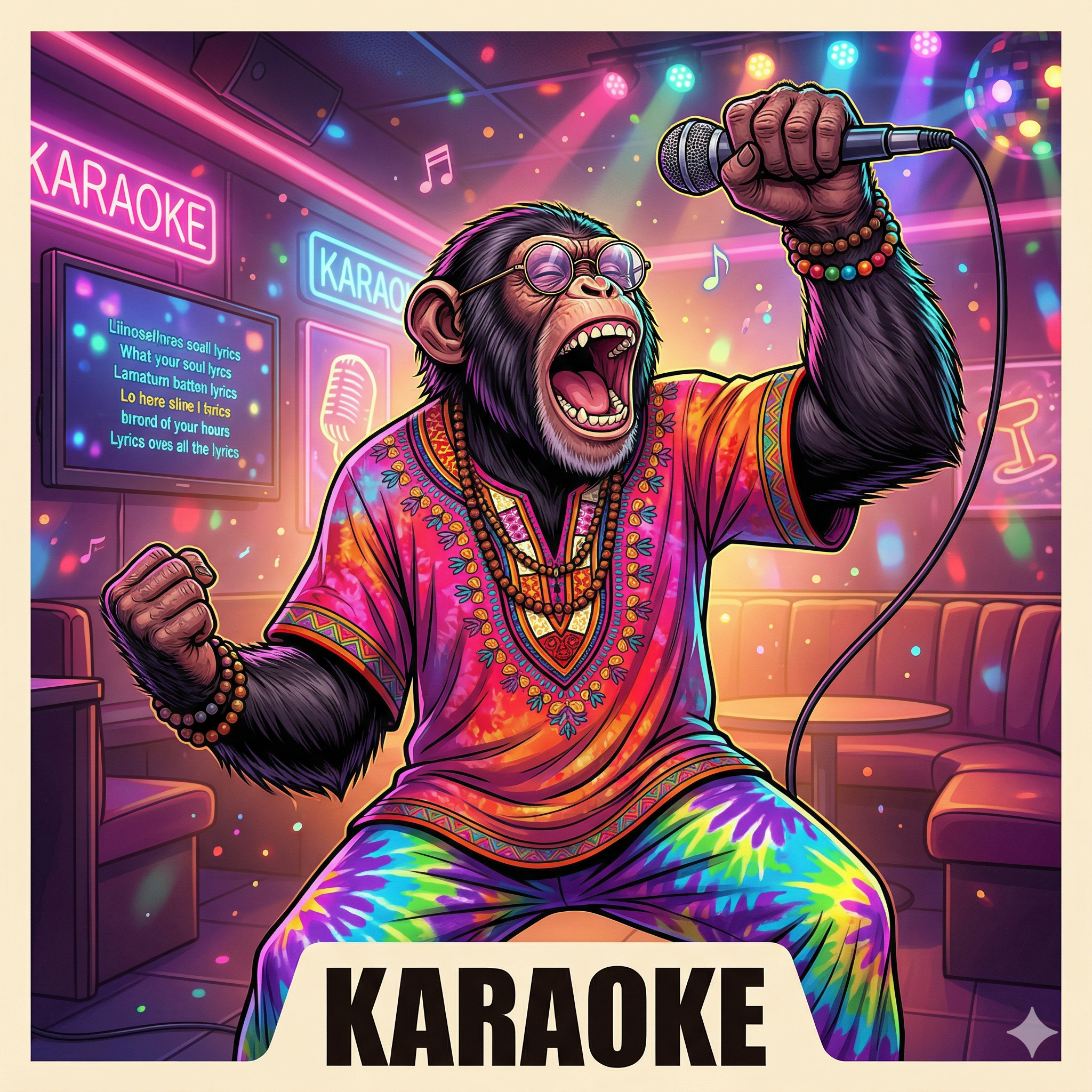 Chimpanzee belting into microphone at neon karaoke lounge