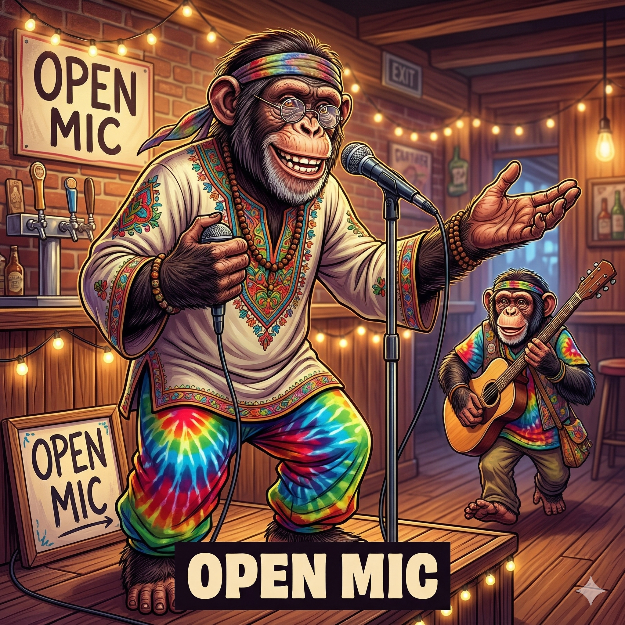 Chimpanzee hosting open mic night at a cozy bar