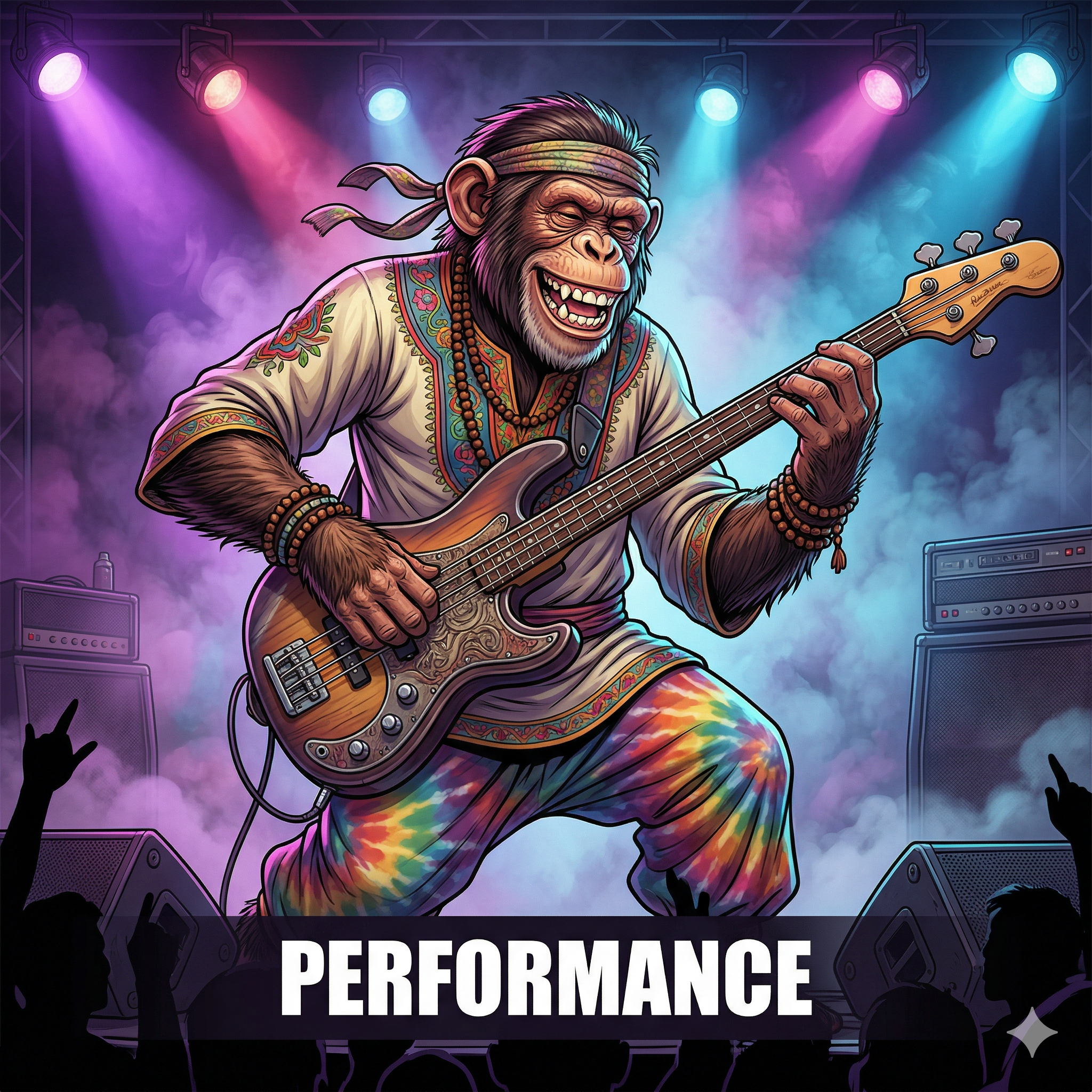 Chimpanzee playing bass guitar on concert stage with crowd silhouettes
